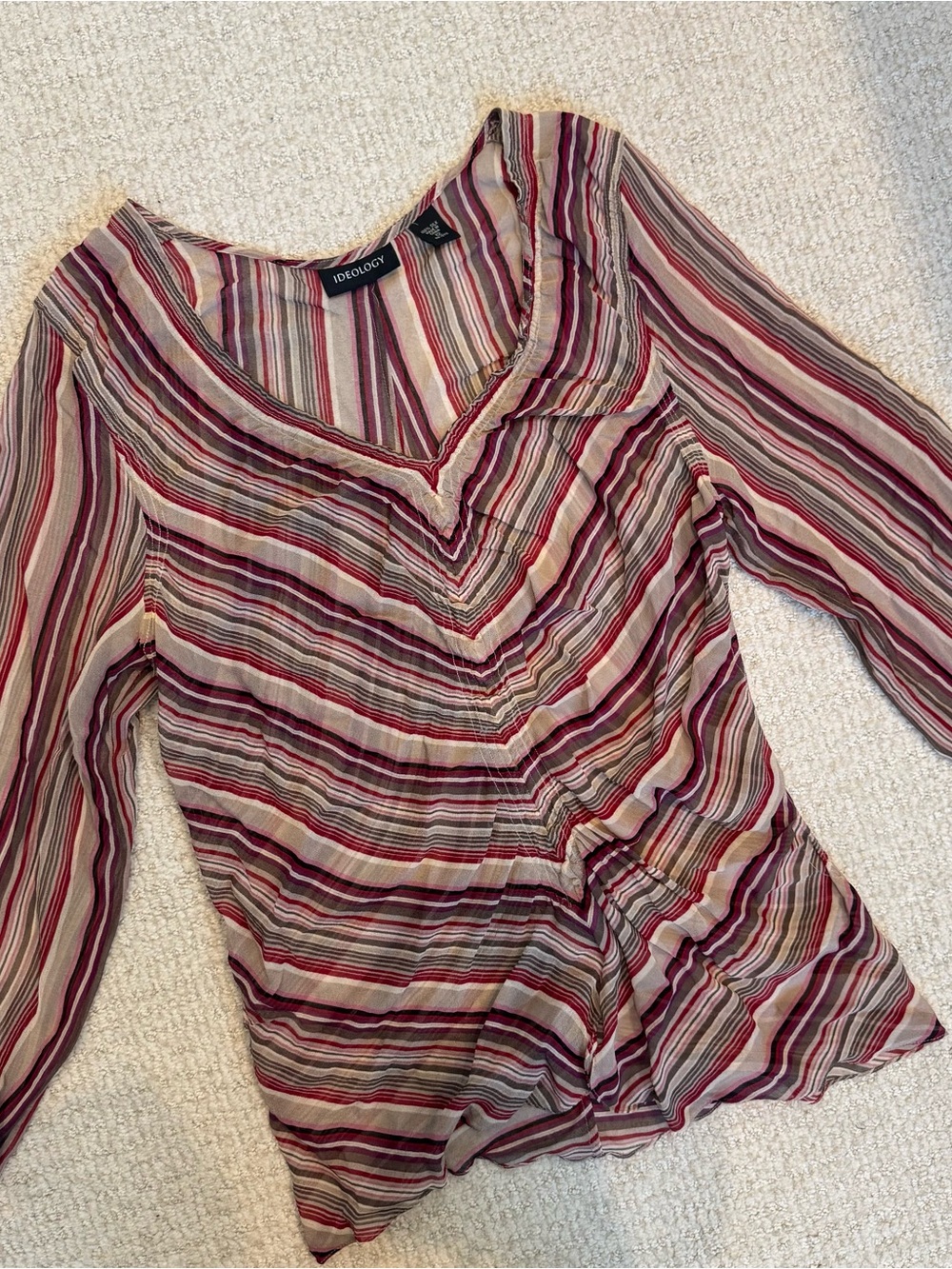 Ideology 100% silk Striped V-Neck Blouse in Burgundy and Cream- earth tones